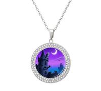 ERSTSNCK Necklace for Women Halloween Castle Purple Sky Round Alloy Diamond Pendant Necklaces Cute Elegant Pendant Charm Necklace Birthday Anniversary Jewelry Valentine's Day Gift, One size, Zinc