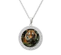 ERSTSNCK Necklace for Women Jungle Tiger Round Alloy Diamond Pendant Necklaces Cute Elegant Pendant Charm Necklace Birthday Anniversary Jewelry Valentine's Day Gift, One size, Zinc, Diamond
