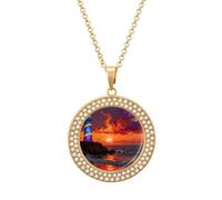 ERSTSNCK Necklace for Women Lighthouse on The Seaside Round Alloy Diamond Pendant Necklaces Cute Elegant Pendant Charm Necklace Birthday Anniversary Jewelry Valentine's Day Gift, One size, Zinc