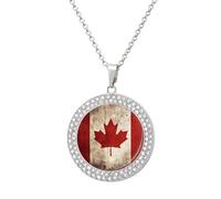 ERSTSNCK Necklace for Women Retro Canada Flag Round Alloy Diamond Pendant Necklaces Cute Elegant Pendant Charm Necklace Birthday Anniversary Jewelry Valentine's Day Gift, One size, Zinc, Diamond