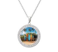 ERSTSNCK Necklace for Women Surf's Up Surfboard Round Alloy Diamond Pendant Necklaces Cute Elegant Pendant Charm Necklace Birthday Anniversary Jewelry Valentine's Day Gift, One size, Zinc, Diamond