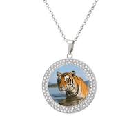 ERSTSNCK Necklace for Women Tiger Round Alloy Diamond Pendant Necklaces Cute Elegant Pendant Charm Necklace Birthday Anniversary Jewelry Valentine's Day Gift, One size, Zinc, Diamond