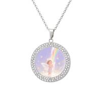 ERSTSNCK Necklace for Women Watercolor Angel Round Alloy Diamond Pendant Necklaces Cute Elegant Pendant Charm Necklace Birthday Anniversary Jewelry Valentine's Day Gift, One Size, Zinc, Diamond