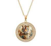 ERSTSNCK Necklace for Women Watercolor Tiger Pattern Round Alloy Diamond Pendant Necklaces Cute Elegant Pendant Charm Necklace Birthday Anniversary Jewelry Valentine's Day Gift, One Size, Zinc