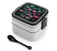 ERSTSNCK Neon Butterfly Bento Box 1000ml Leak Proof Lunch Container with Removable Dividers & Spoon - BPA-Free PP Stackable Lunch Box for Work, Office, Picnic, Travel, Dining Out
