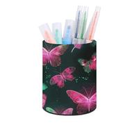 ERSTSNCK Neon Butterfly Pen Holder, Pencil Holder Desktop Stationery Organizer Round Leather Pencil Cup Makeup Brush Storage Box for Office Home And Stationary Supplies