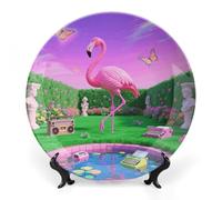 ERSTSNCK Neon Flamingo Pattern Ceramic Decorative Plate 6inch Bone China Wall Hanging Ornament Plates Bohemian Style Dinner Plate with Stand Cabinet Display Plates for Home Art Decor