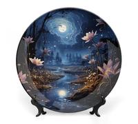 ERSTSNCK Night Stars And Flowers Ceramic Decorative Plate 8inch Bone China Wall Hanging Ornament Plates Bohemian Style Dinner Plate with Stand Cabinet Display Plates for Home Art Decor