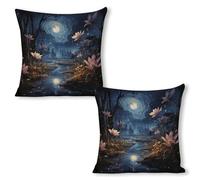 ERSTSNCK Night Stars and Flowers Pillow Covers 18"x18"（2pcs） Linen Throw Pillow Covers - Double Sided Decorative Square Cushion Cases for Sofa, Bed, Chair (No Insert Included)