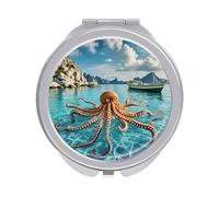 ERSTSNCK Octopus and Boat Compact Mirror for Purse, Double-Sided 1x/2x Magnifying Metal Pocket Makeup Mirrors, Folding Mini Vanity Mirror, Handheld Round Travel Cosmetic Mirrors for Women