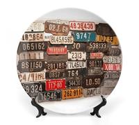 ERSTSNCK Old License Plate Ceramic Plate 6inch Decorative Bone China Wall Hanging Ornament Plates Bohemian Style Dinner Plate with Display Stand Cabinet Display Plates for Home Art Decor