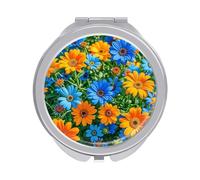 ERSTSNCK Orange and Blue Flowers Compact Mirror for Purse, Double-Sided 1x/2x Magnifying Metal Pocket Makeup Mirrors, Folding Mini Vanity Mirror, Handheld Round Travel Cosmetic Mirrors for Women