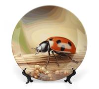 ERSTSNCK Orange Ladybug on Beige Background Ceramic Decorative Plate 6inch Bone China Wall Hanging Ornament Plates Bohemian Style Dinner Plate with Stand Cabinet Display Plates for Home Art Decor