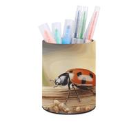 ERSTSNCK Orange Ladybug on Beige Background Pen Holder, Pencil Holder Desktop Stationery Organizer Round Leather Pencil Cup Makeup Brush Storage Box for Office Home And Stationary Supplies