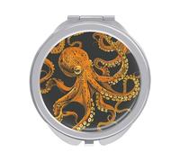 ERSTSNCK Orange Octopus Pattern Compact Mirror for Purse, Double-Sided 1x/2x Magnifying Metal Pocket Makeup Mirrors, Folding Mini Vanity Mirror, Handheld Round Travel Cosmetic Mirrors for Women