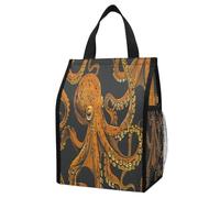 ERSTSNCK Orange Octopus Pattern Insulated Lunch Bag Leakproof Insulated Cooler Bags Reusable Cooler Tote Foldable Lunchbox for Adult Women Men for Work Travel Picnic