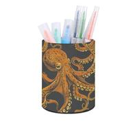 ERSTSNCK Orange Octopus Pattern Pen Holder, Pencil Holder Desktop Stationery Organizer Round Leather Pencil Cup Makeup Brush Storage Box for Office Home And Stationary Supplies