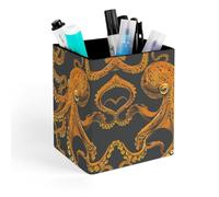 ERSTSNCK Orange Octopus Pattern Pen Holder, Pencil Holder Desktop Stationery Organizer Square Leather Pencil Cup Makeup Brush Storage Box for Office Home And Stationary Supplies