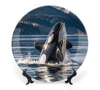 ERSTSNCK Orca Killer Whale Ceramic Decorative Plate 6inch Bone China Wall Hanging Ornament Plates Bohemian Style Dinner Plate with Stand Cabinet Display Plates for Home Art Decor