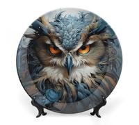 ERSTSNCK Owl Ceramic Decorative Plate 7inch Bone China Wall Hanging Ornament Plates Bohemian Style Dinner Plate with Stand Cabinet Display Plates for Home Art Decor