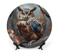 ERSTSNCK Owl Print Ceramic Decorative Plate 7inch Bone China Wall Hanging Ornament Plates Bohemian Style Dinner Plate with Stand Cabinet Display Plates for Home Art Decor