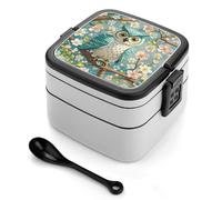 ERSTSNCK Owl Spring Flowers Turquoise Bento Box 1000ml Leak Proof Lunch Container with Removable Dividers & Spoon - BPA-Free PP Stackable Lunch Box for Work, Office, Picnic, Travel, Dining Out