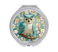 ERSTSNCK Owl Spring Flowers Turquoise Compact Mirror for Purse, Double-Sided 1x/2x Magnifying Metal Pocket Makeup Mirrors, Folding Mini Vanity Mirror, Handheld Round Travel Cosmetic Mirrors for Women