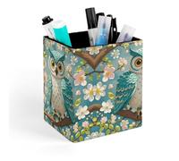 ERSTSNCK Owl Spring Flowers Turquoise Pen Holder, Pencil Holder Desktop Stationery Organizer Square Leather Pencil Cup Makeup Brush Storage Box for Office Home And Stationary Supplies