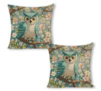 ERSTSNCK Owl Spring Flowers Turquoise Pillow Covers 18"x18"（2pcs） Linen Throw Pillow Covers - Double Sided Decorative Square Cushion Cases for Sofa, Bed, Chair (No Insert Included)