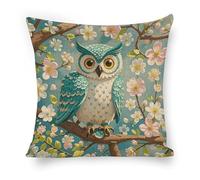 ERSTSNCK Owl Spring Flowers Turquoise Pillow Covers 18"x18" Linen Throw Pillow Covers - Double Sided Decorative Square Cushion Cases for Sofa, Bed, Chair (No Insert Included)