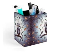 ERSTSNCK Owl Tree Branches Pen Holder, Pencil Holder Desktop Stationery Organizer Square Leather Pencil Cup Makeup Brush Storage Box for Office Home And Stationary Supplies