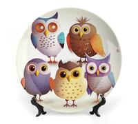 ERSTSNCK Owls Birds Ceramic Decorative Plate 7inch Bone China Wall Hanging Ornament Plates Bohemian Style Dinner Plate with Stand Cabinet Display Plates for Home Art Decor