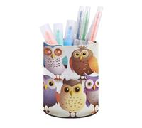 ERSTSNCK Owls Birds Pen Holder, Pencil Holder Desktop Stationery Organizer Round Leather Pencil Cup Makeup Brush Storage Box for Office Home And Stationary Supplies