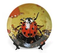 ERSTSNCK Paint Spotted Ladybug Ceramic Decorative Plate 8inch Bone China Wall Hanging Ornament Plates Bohemian Style Dinner Plate with Stand Cabinet Display Plates for Home Art Decor