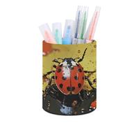 ERSTSNCK Paint Spotted Ladybug Pen Holder, Pencil Holder Desktop Stationery Organizer Round Leather Pencil Cup Makeup Brush Storage Box for Office Home And Stationary Supplies