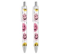 ERSTSNCK Pastel Color Happy Face Black Ballpoint Pens Fine Point (0.5mm) Black Ink Pen Retractable Ball Point Pens with Comfortable Full Grip for Journaling, And Office Writing Ideal 2 PCS