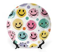 ERSTSNCK Pastel Color Happy Face Ceramic Decorative Plate 8inch Bone China Wall Hanging Ornament Plates Bohemian Style Dinner Plate with Stand Cabinet Display Plates for Home Art Decor