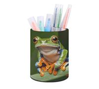 ERSTSNCK Peace Tree Frog Pen Holder, Pencil Holder Desktop Stationery Organizer Round Leather Pencil Cup Makeup Brush Storage Box for Office Home And Stationary Supplies