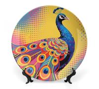ERSTSNCK Peacock Pattern Ceramic Plate 6inch Decorative Bone China Wall Hanging Ornament Plates Bohemian Style Dinner Plate with Display Stand Cabinet Display Plates for Home Art Decor