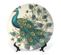 ERSTSNCK Peacock Pattern Ceramic Plate 6inch Decorative Bone China Wall Hanging Ornament Plates Bohemian Style Dinner Plate with Display Stand Cabinet Display Plates for Home Art Decor