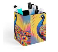 ERSTSNCK Peacock Pattern Pen Holder, Pencil Holder Desktop Stationery Organizer Square Leather Pencil Cup Makeup Brush Storage Box for Office Home And Stationary Supplies