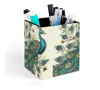 ERSTSNCK Peacock Pattern Pen Holder, Pencil Holder Desktop Stationery Organizer Square Leather Pencil Cup Makeup Brush Storage Box for Office Home And Stationary Supplies