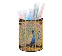 ERSTSNCK Peacock Pen Holder, Pencil Holder Desktop Stationery Organizer Round Leather Pencil Cup Makeup Brush Storage Box for Office Home And Stationary Supplies