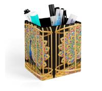 ERSTSNCK Peacock Pen Holder, Pencil Holder Desktop Stationery Organizer Square Leather Pencil Cup Makeup Brush Storage Box for Office Home And Stationary Supplies