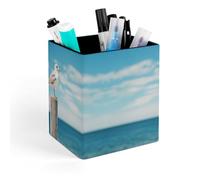 ERSTSNCK Perched on Wooden Pillar Pen Holder, Pencil Holder Desktop Stationery Organizer Square Leather Pencil Cup Makeup Brush Storage Box for Office Home And Stationary Supplies