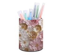 ERSTSNCK Pink White Gold Flowers Pen Holder, Pencil Holder Desktop Stationery Organizer Round Leather Pencil Cup Makeup Brush Storage Box for Office Home And Stationary Supplies