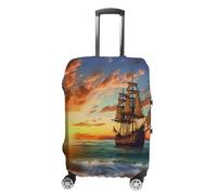 ERSTSNCK Pirate Ship in The Sunset Luggage Suitcase Covers Elastic Washable Cute Luggage Protector Travel Suitcase Protective Cover For Adult (Fit 19-32 Inch Luggages), white, M, Pirate Ship in the