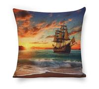 ERSTSNCK Pirate Ship in The Sunset Pillow Covers 18"x18" Linen Throw Pillow Covers - Double Sided Decorative Square Cushion Cases for Sofa, Bed, Chair (No Insert Included)