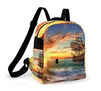 ERSTSNCK Pirate Ship in The Sunset Small Backpack for Women Mini Backpack Purse Travel Fashion Roomy Shoulder Handbag