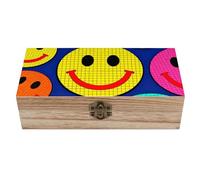 ERSTSNCK Plaid Happy Face Pattern Wooden Storage Box Elegant Retro Jewelry Box with Hinged Lid Decorative Keepsake Boxes Decor Handmade Organizer Boxes for Wedding, Party, Gift, Diy Craft, Home Decor